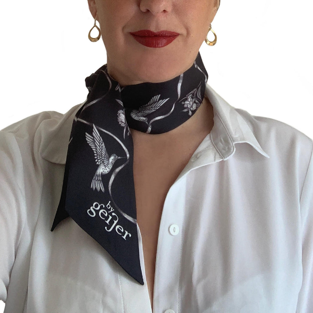 Mini Silk Scarf in black with birds and ...